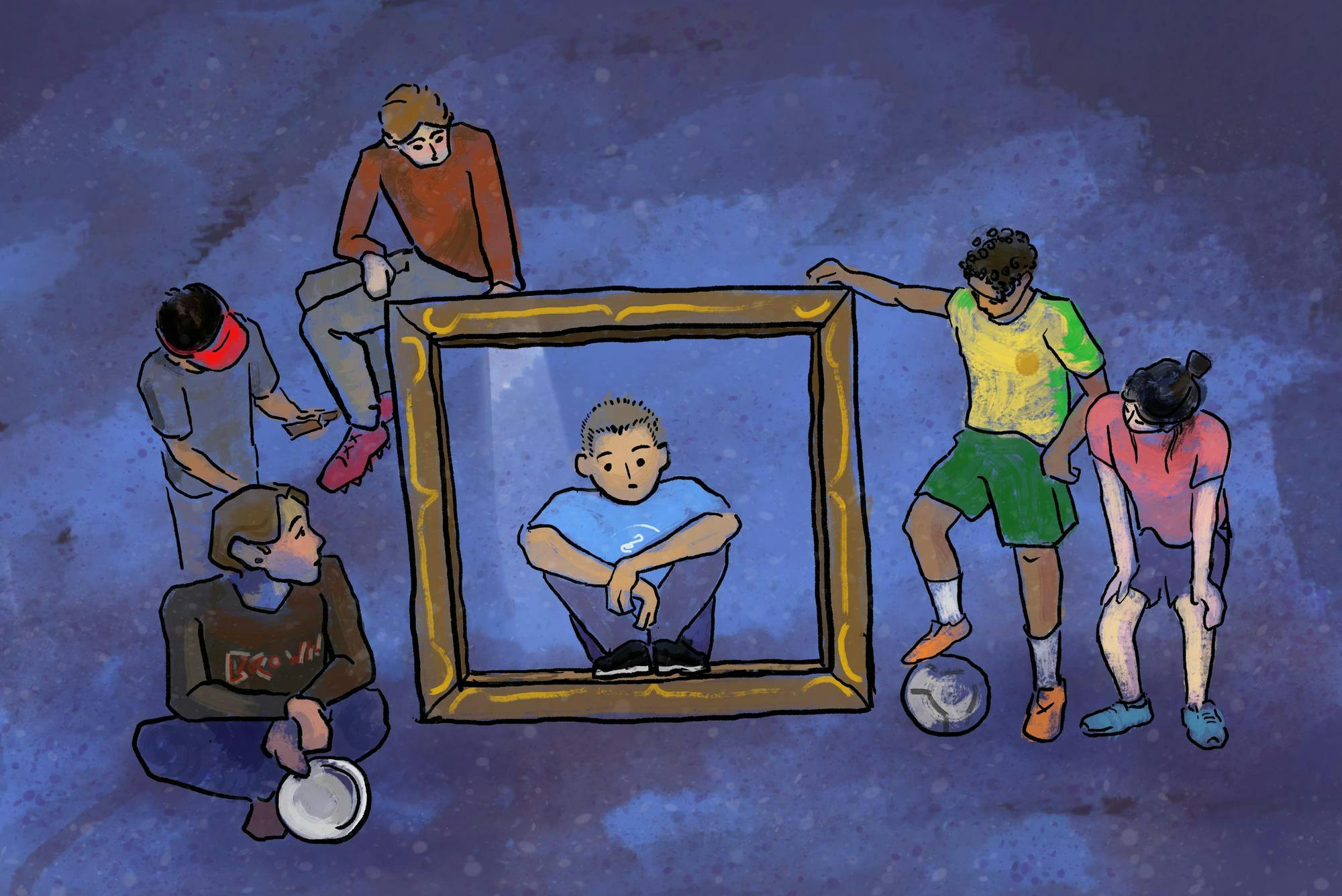 An illustration of an individual sitting inside of a picture frame. There are five students surrounding the frame looking at the individual inside. The students outside are wearing cleats and two students have soccer balls. The background of the photo is a dark purple. 


