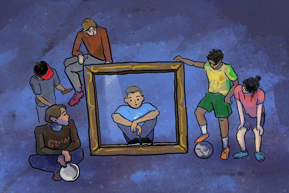 An illustration of an individual sitting inside of a picture frame. There are five students surrounding the frame looking at the individual inside. The students outside are wearing cleats and two students have soccer balls. The background of the photo is a dark purple. 


