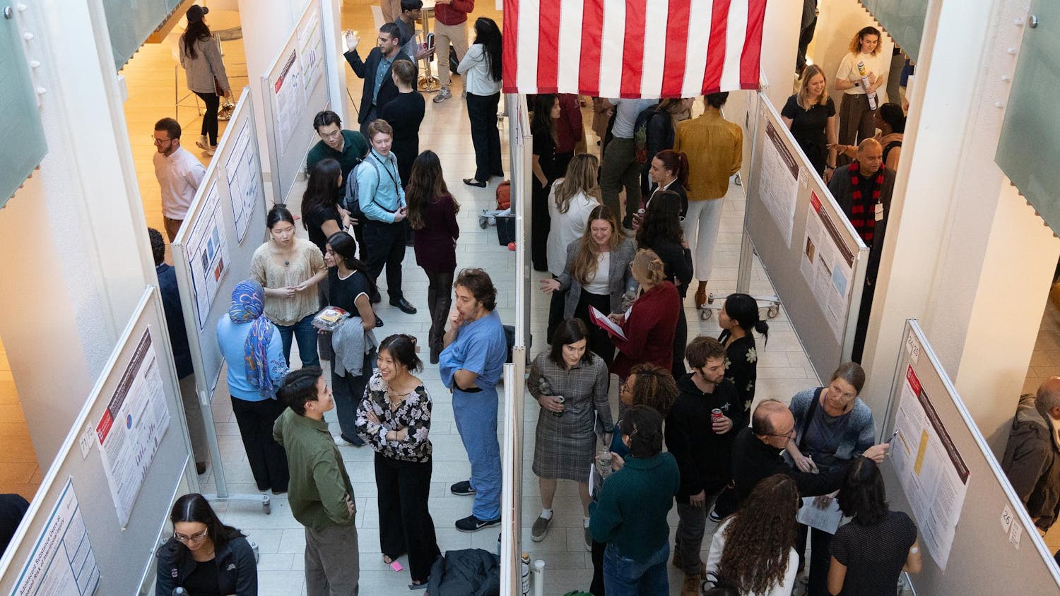 A look down at the symposium with people in between poster boards.
