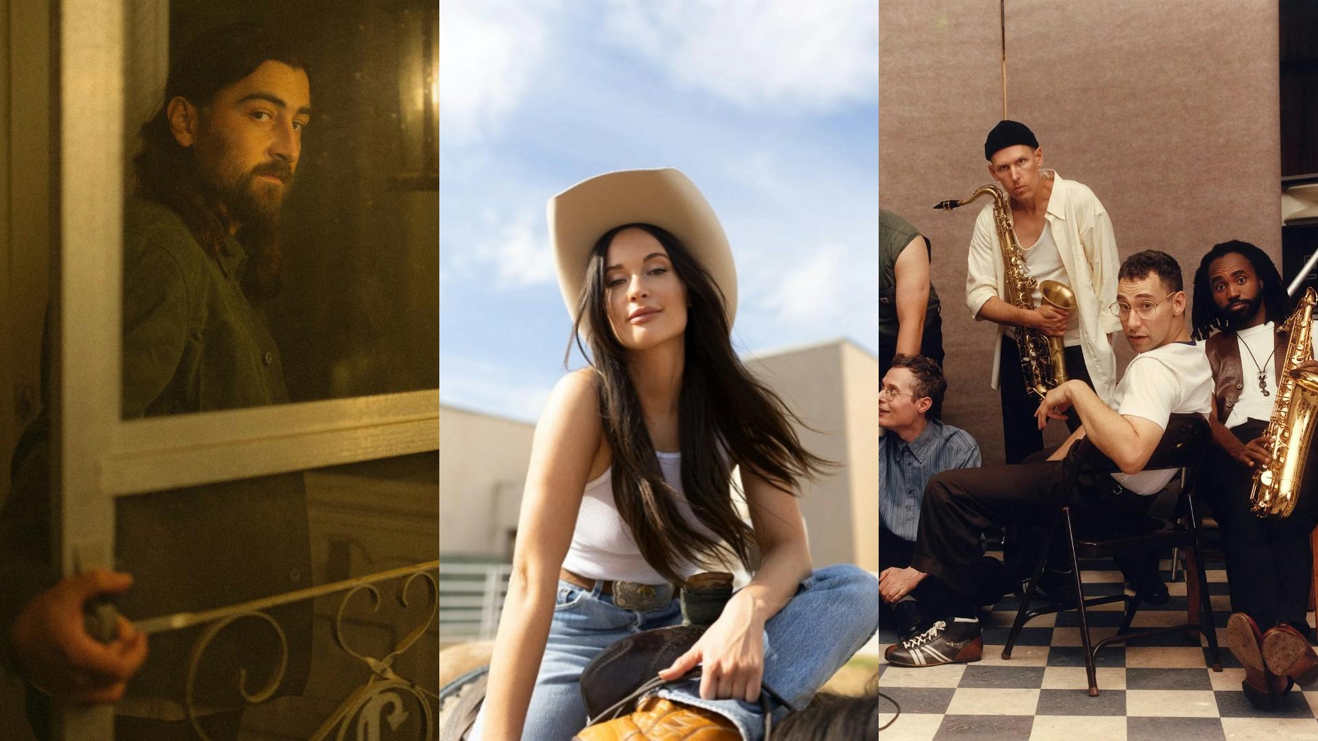 Three-tiled photo, showing Noah Kahan looking through a window on the left, Kacey Musgraves wearing a cowboy hat in the middle and the band Bleachers on the right.