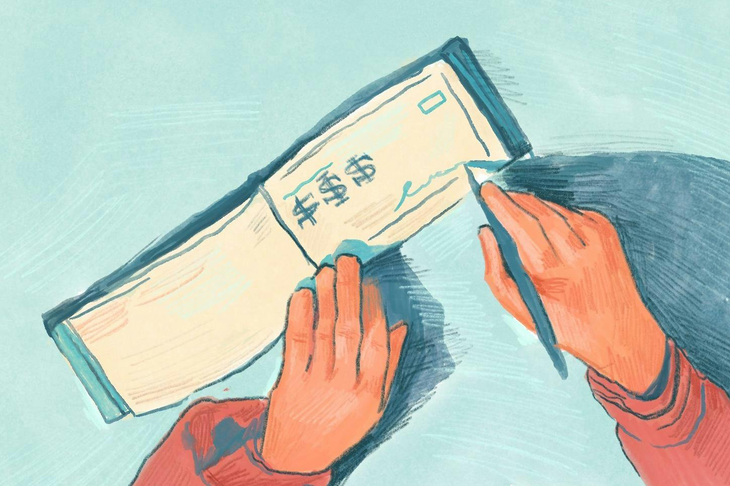 An illustration of a hand signing a check with three large dollar signs on it.
