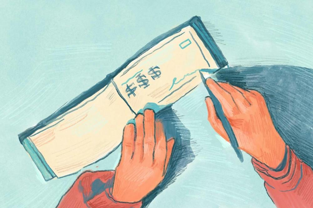 An illustration of a hand signing a check with three large dollar signs on it.