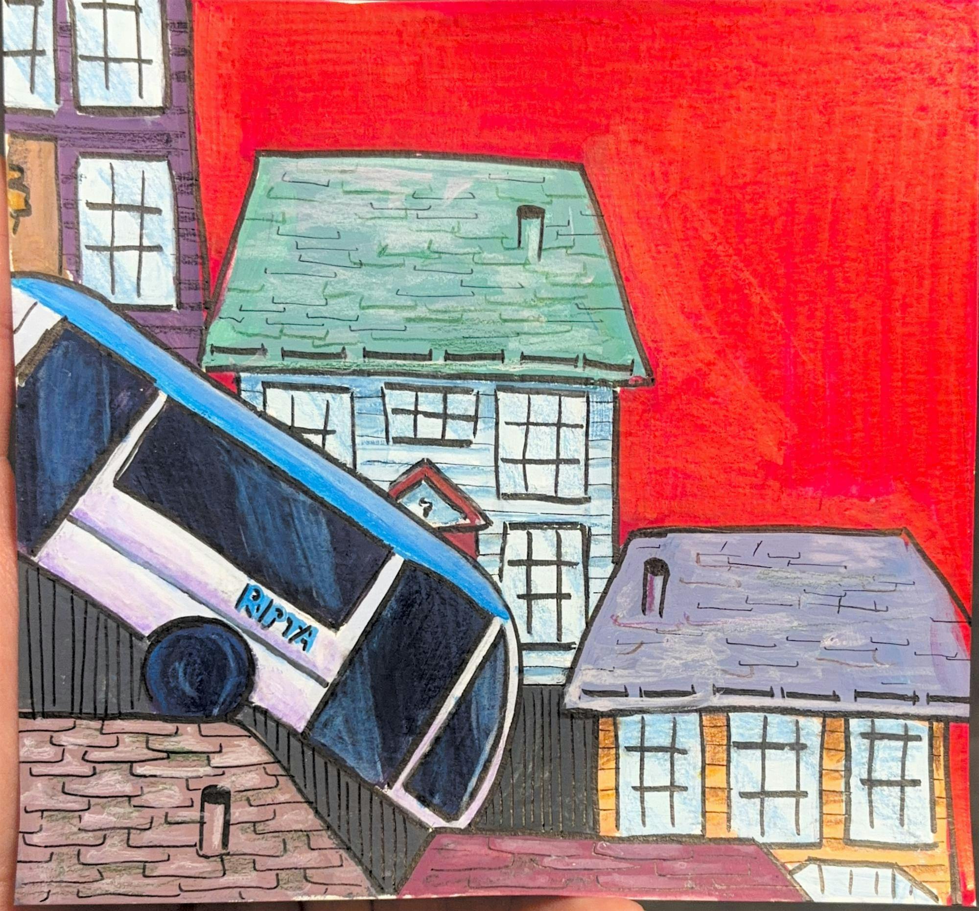 An illustration of a white and blue RIPTA bus driving down college hill, with colorful houses along both sides of the street. The sky is a bright red. 