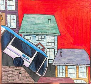 An illustration of a white and blue RIPTA bus driving down college hill, with colorful houses along both sides of the street. The sky is a bright red. 