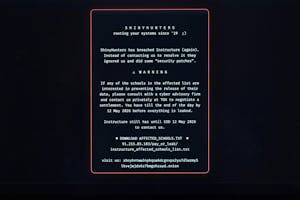 The ransom note, set as white text against a black screen in a red box, reads: "SHINYHUNTERS
rooting your systems since '19 ;)
ShinyHunters has breached Instructure (again).
Instead of contacting us to resolve it they ignored us and did some "security patches".
WARNING
If any of the schools in the affected list are interested in preventing the release of their data, please consult with a cyber advisory firm and contact us privately at TOX to negotiate a settlement. You have till the end of the day by 12 May 2026 before everything is leaked.
Instructure still has until EOD 12 May 2026 to contact us," along with instructions to download affected schools lists and go to their website. 