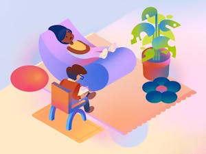 A cartoon graphic design of a woman lying on a purple couch receiving advice from a man reading from a clipboard.