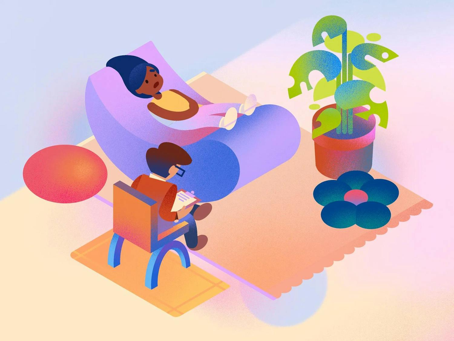 A cartoon graphic design of a woman lying on a purple couch receiving advice from a man reading from a clipboard.