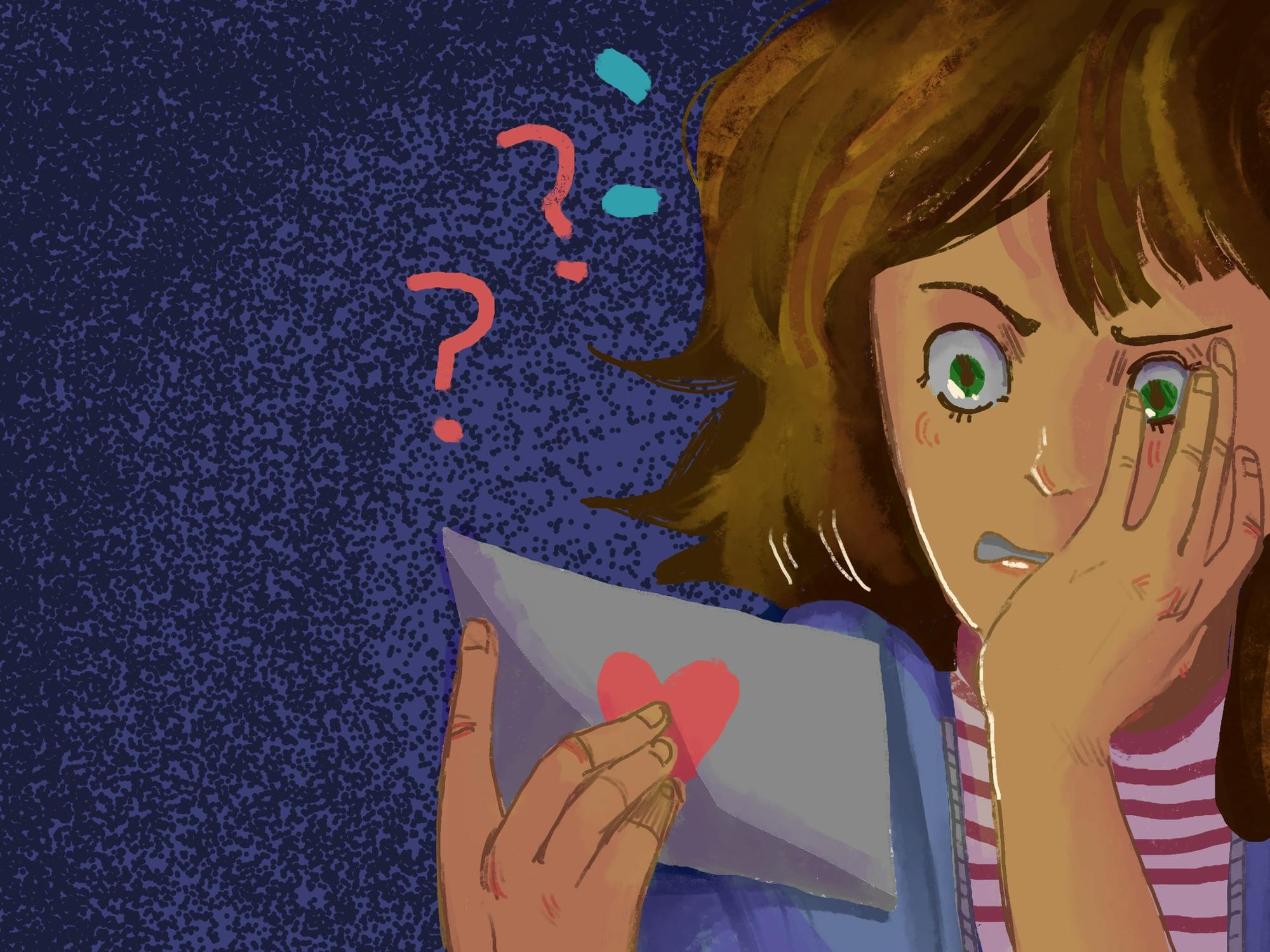 An illustration of an anguished girl looking at an envelope with a heart on it. There are question marks in the background.