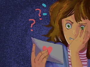 An illustration of an anguished girl looking at an envelope with a heart on it. There are question marks in the background.