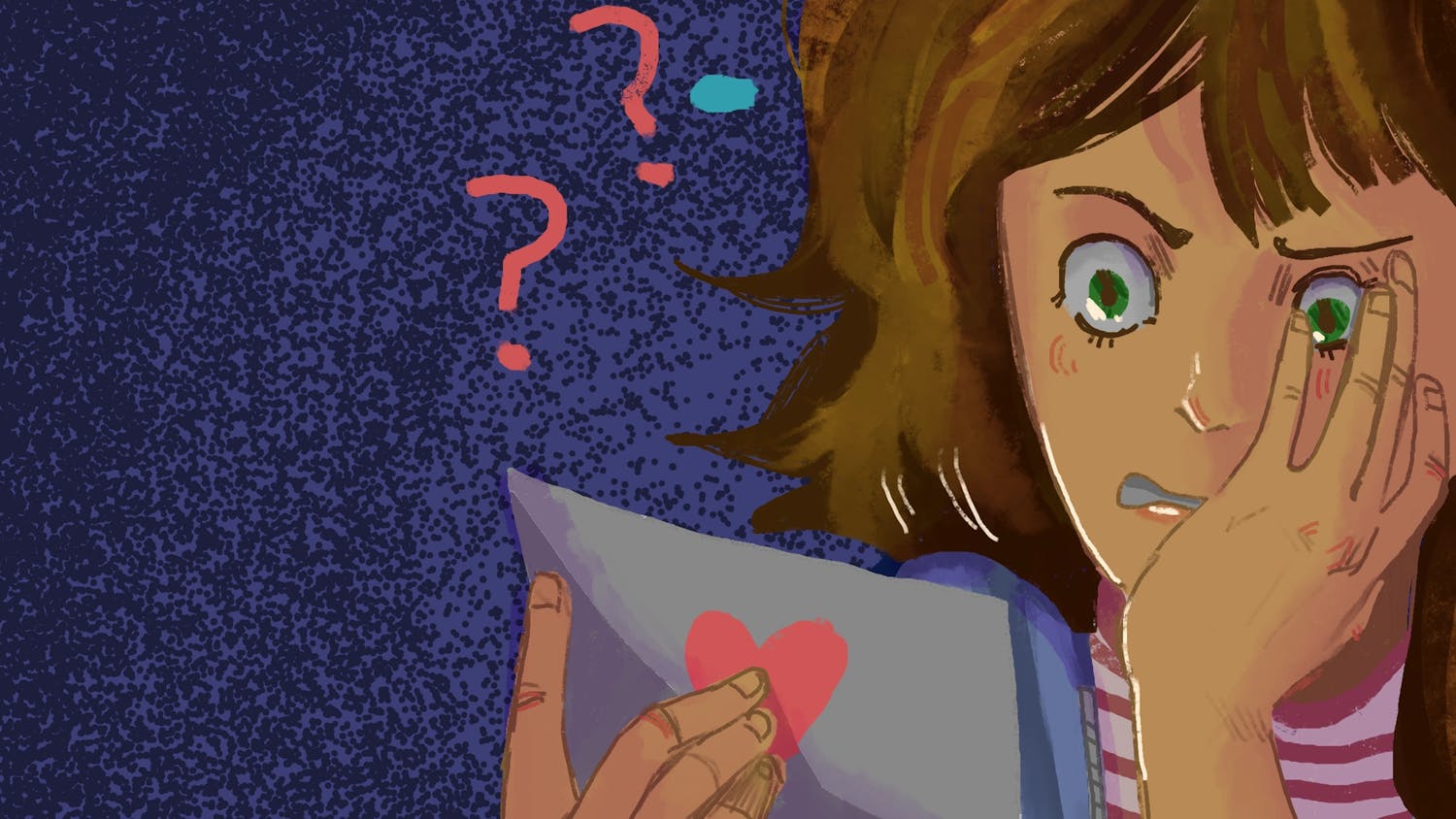 An illustration of an anguished girl looking at an envelope with a heart on it. There are question marks in the background.