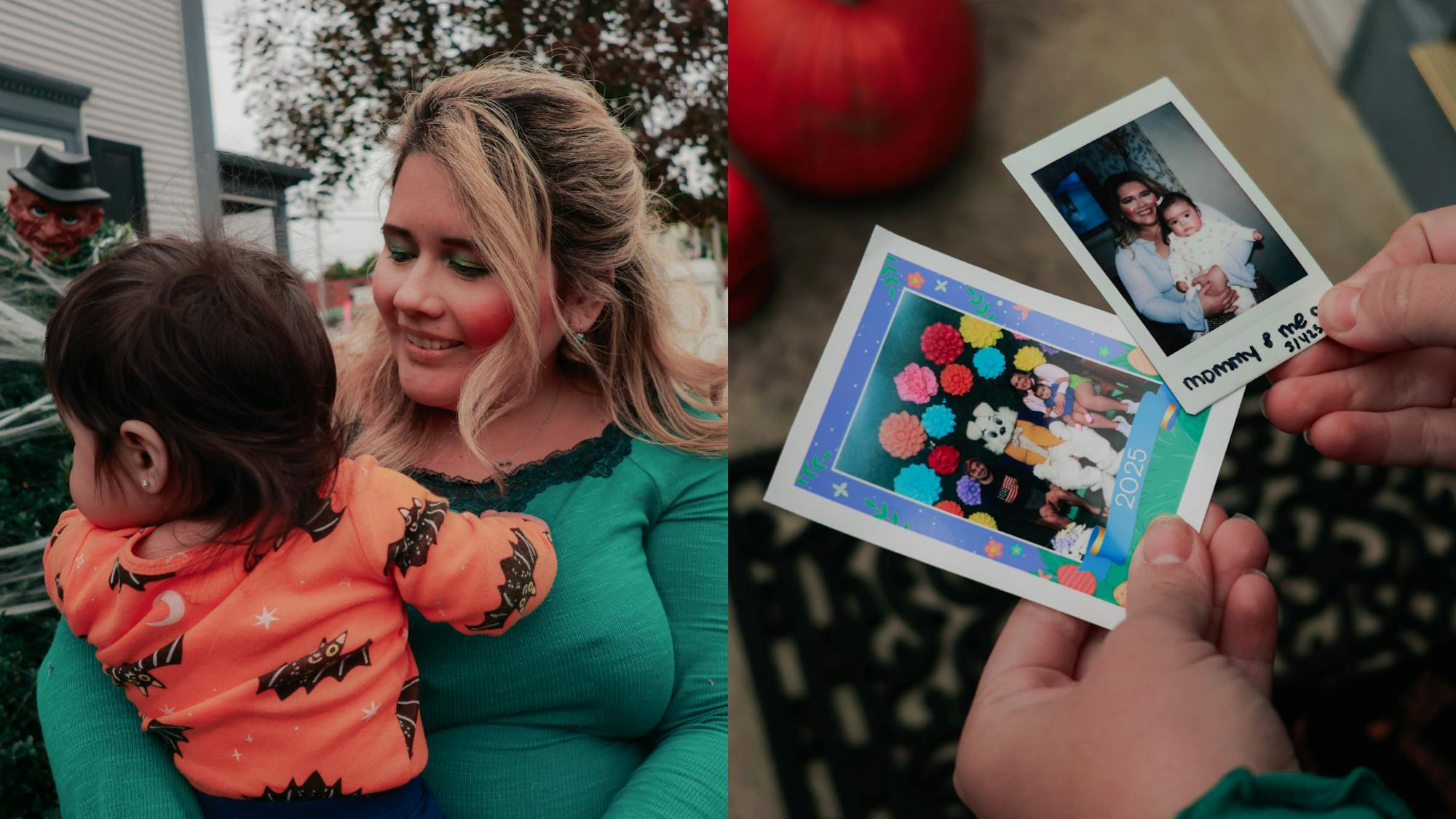 Two photos. To the left is a photo of a mother and her child. To the right is a photo of two polaroids of the two together. 