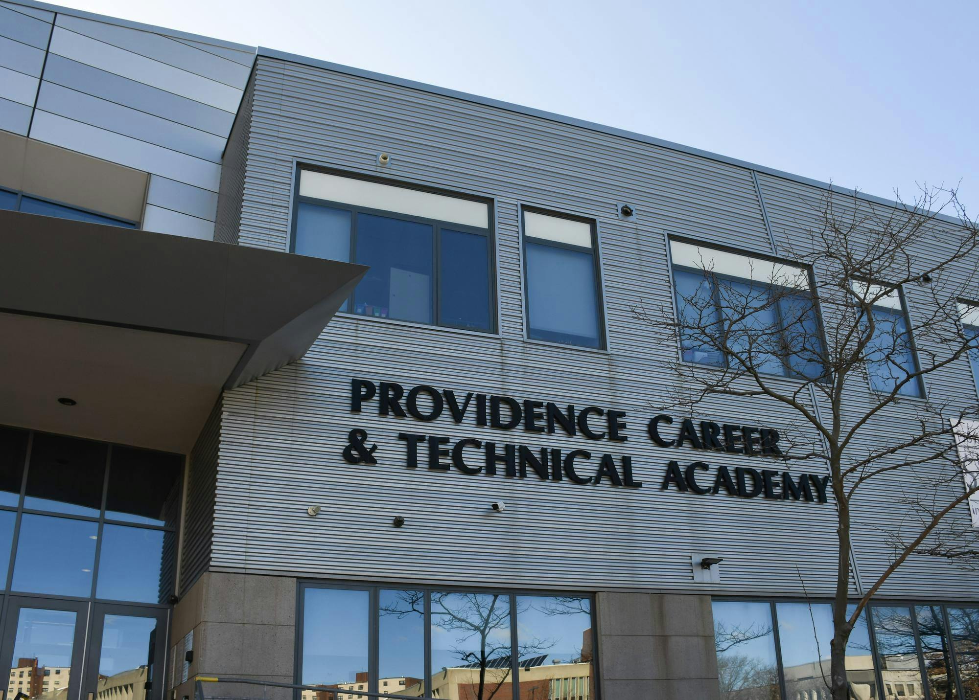 A photo of the front of the Providence Career and Technical Academy. 
