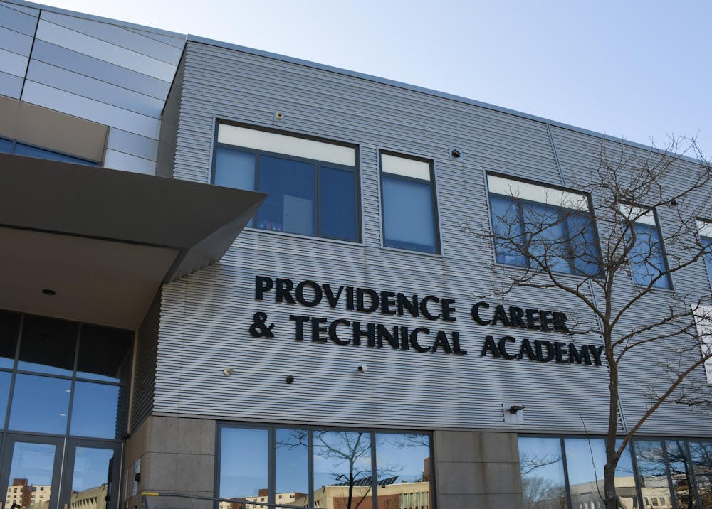 A photo of the front of the Providence Career and Technical Academy. 
