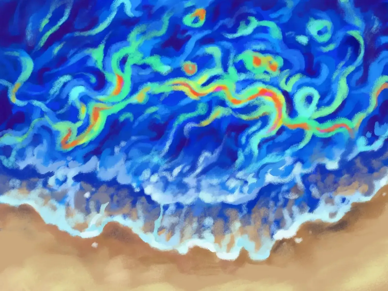 Illustration of colored beach waves coming up to shore.