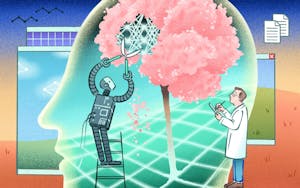 An Illustration of a robot cutting a pink tree in the shape of a brain with hedge clippers while a scientist observes with a pen and a clipboard. 