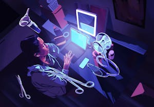 An illustration of a woman with dark hair working at a laptop. Various medical devices are suspended above her. 