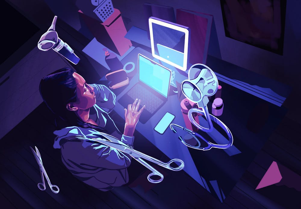 An illustration of a woman with dark hair working at a laptop. Various medical devices are suspended above her. 
