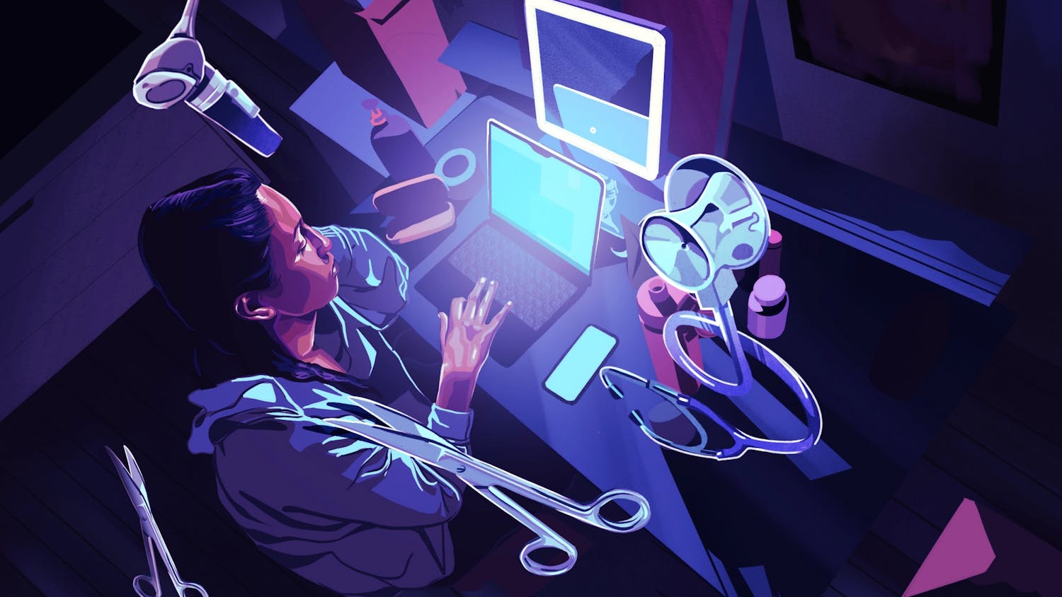 An illustration of a woman with dark hair working at a laptop. Various medical devices are suspended above her.