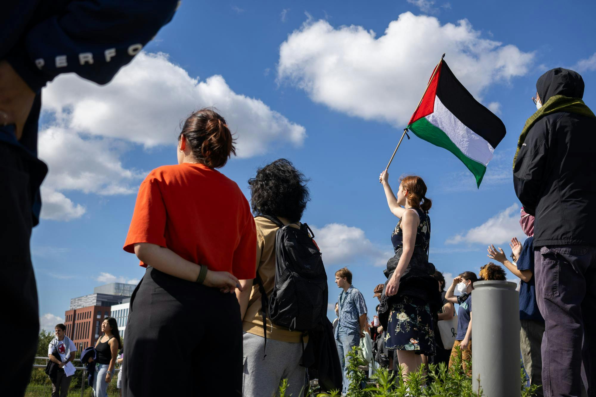 Photo of a protestor holding a Palestinian flag in the air, with other protestors to their left and behind them.