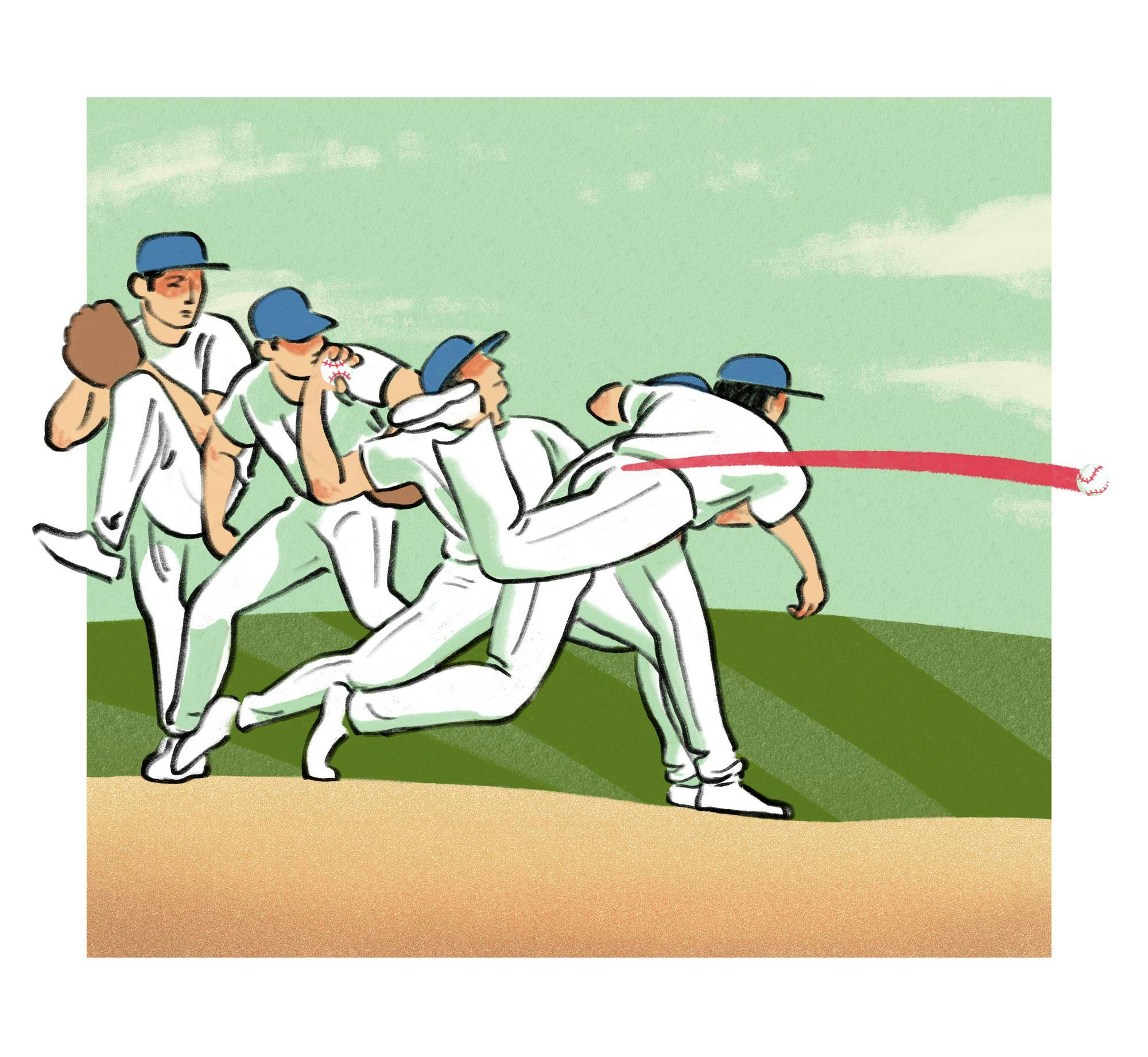 A stop-motion-style image series of a baseball player pitching a ball.