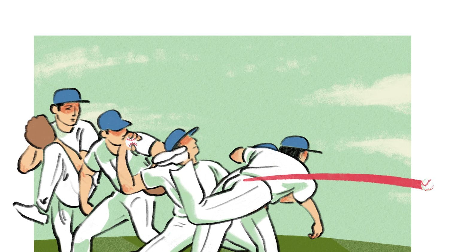 A stop-motion-style image series of a baseball player pitching a ball.