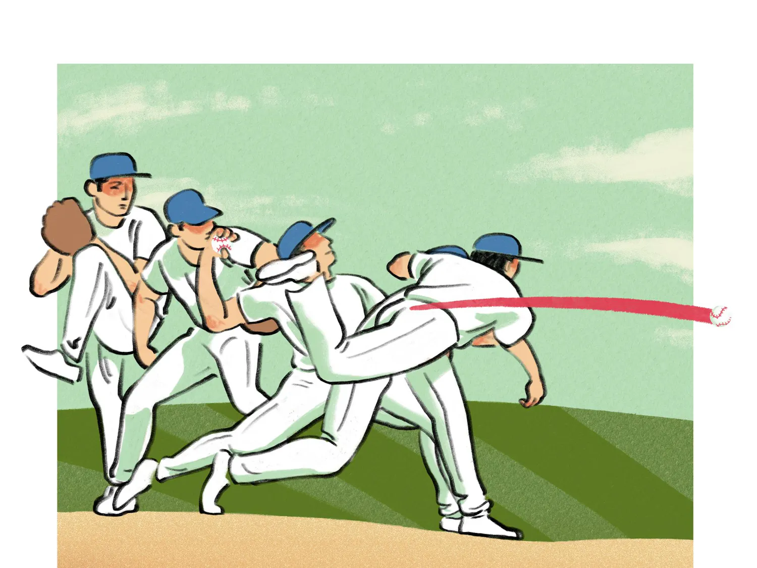 A stop-motion-style image series of a baseball player pitching a ball.