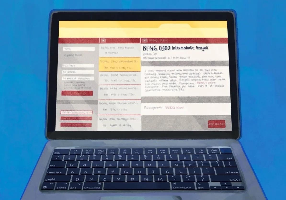 Illustration of a laptop screen showing the Courses @ Brown page of a hypothetical intermediate Bengali class.
