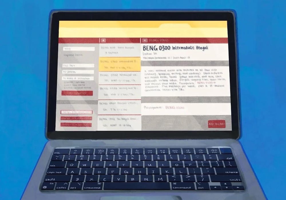 Illustration of a laptop screen showing the Courses @ Brown page of a hypothetical intermediate Bengali class.
