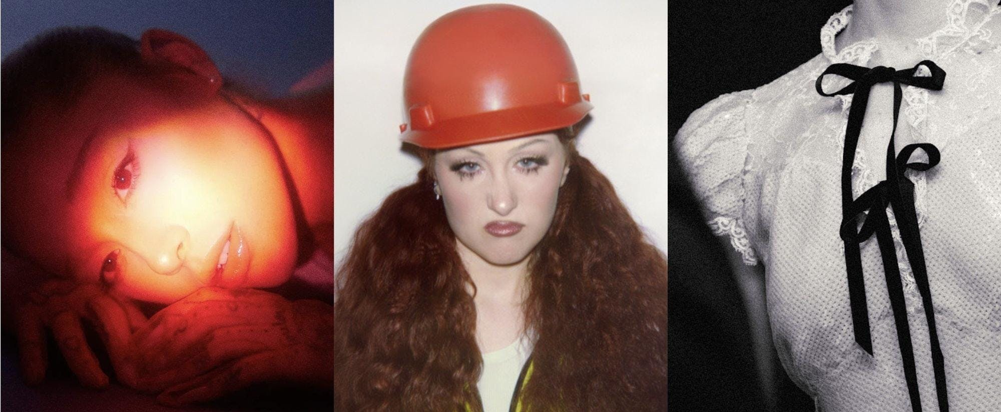 The picture depicts Chappell Roan. She is wearing a red construction cap and is drawing the right side of her mouth up in a sneer.