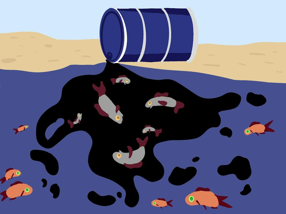 Illustration of a blue oil barrel spilling oil into a body of water with many dead fish in the contamination.