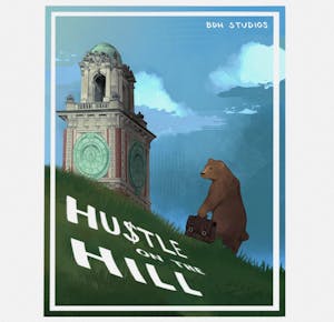 An illustration of a bear climbing up a grassy hill with a clock tower at the top.