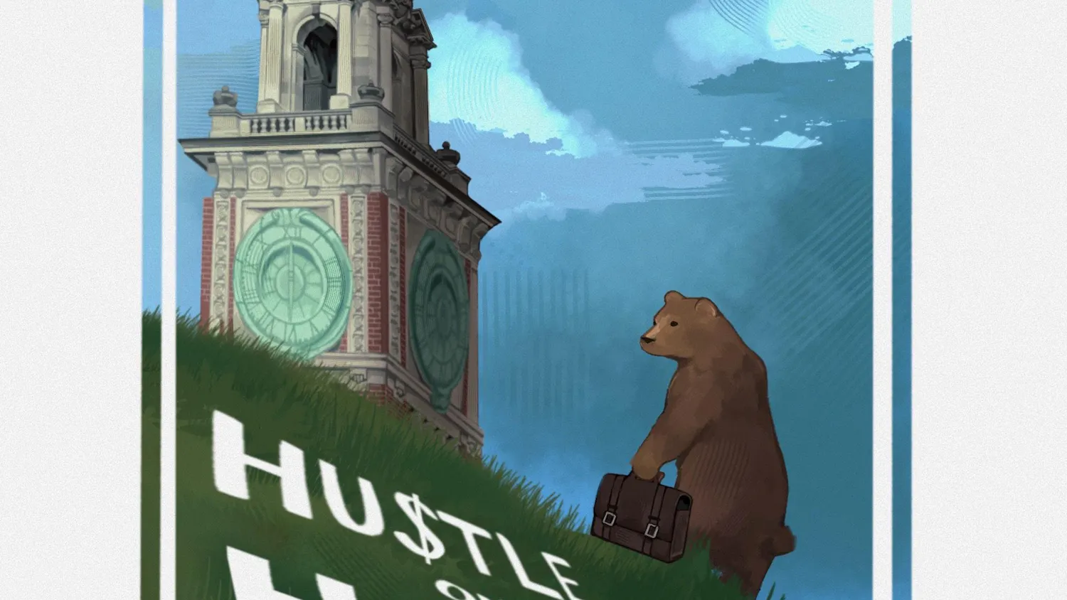 An illustration of a bear climbing up a grassy hill with a clock tower at the top.