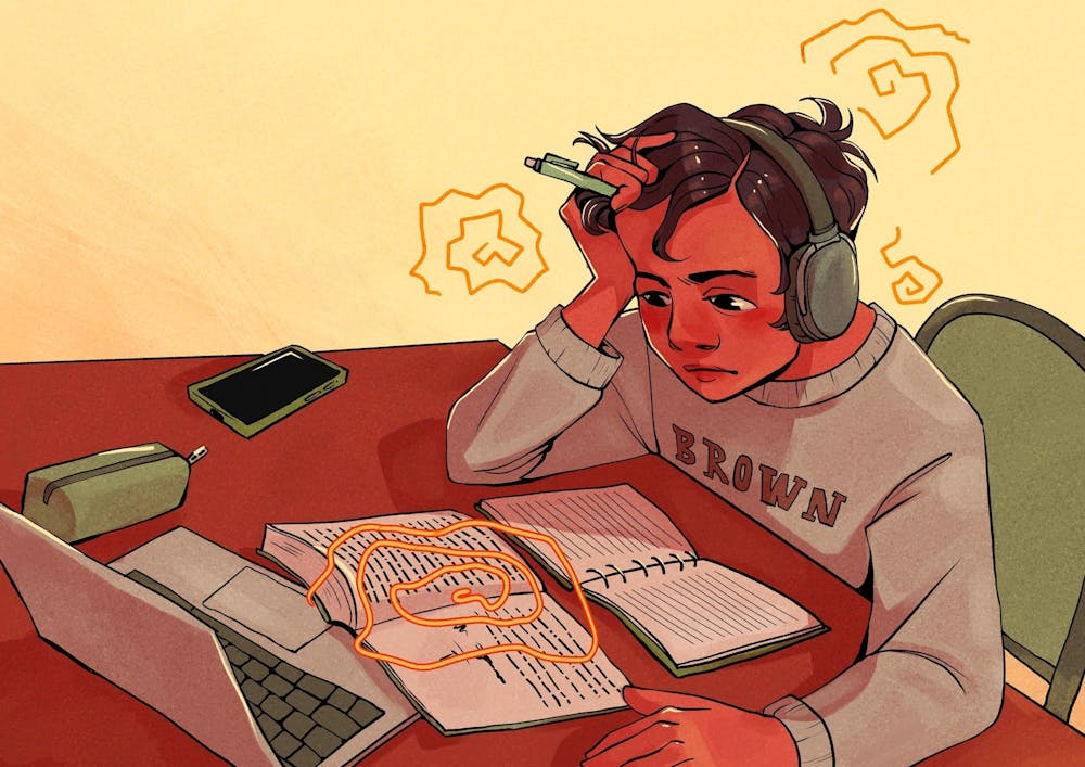 An illustration of a Brown student looking frustrated at a desk with a laptop and two books open. 
