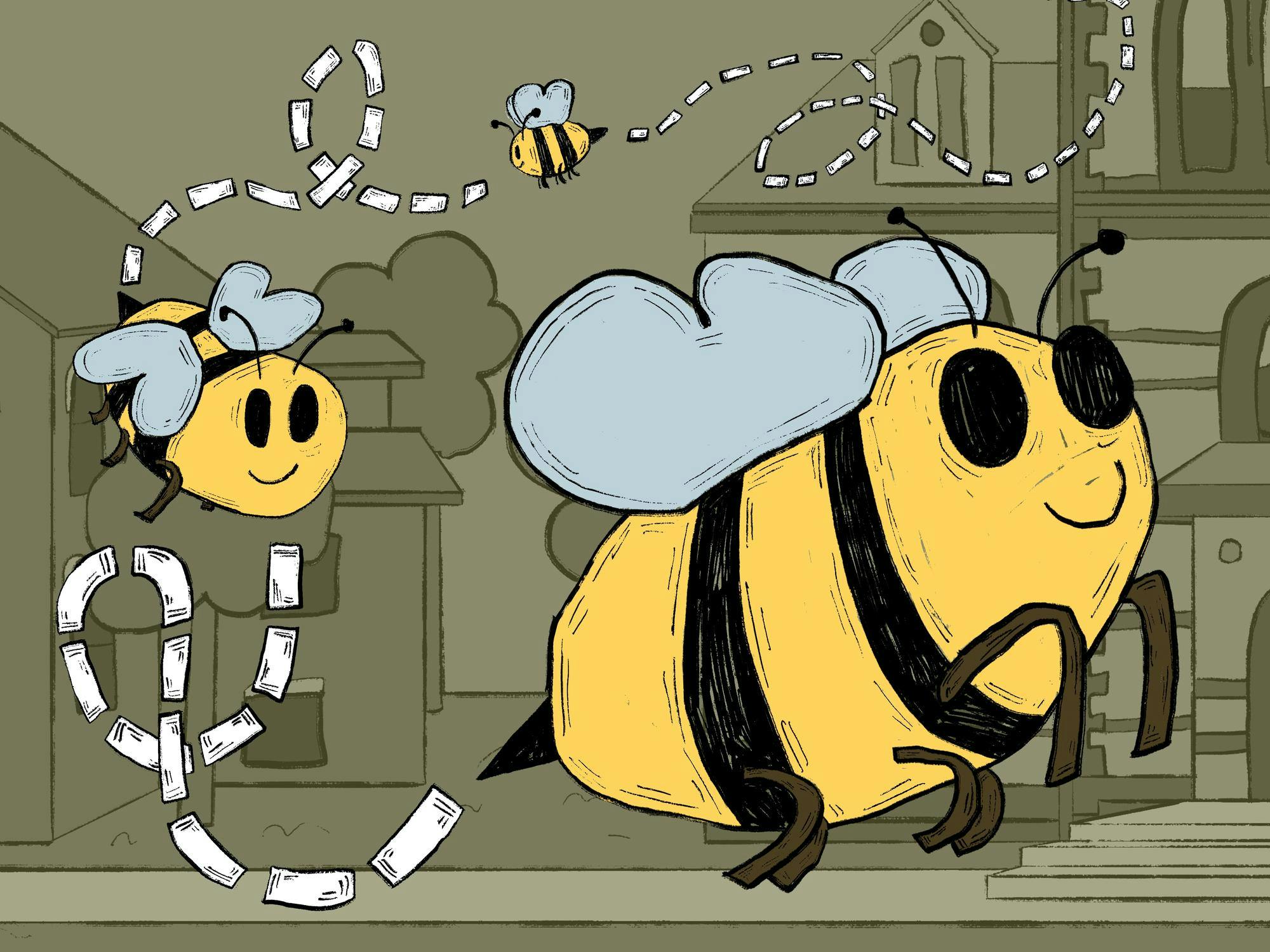 An illustration of three cartoon bees flying in front of buildings on the Main Green. 