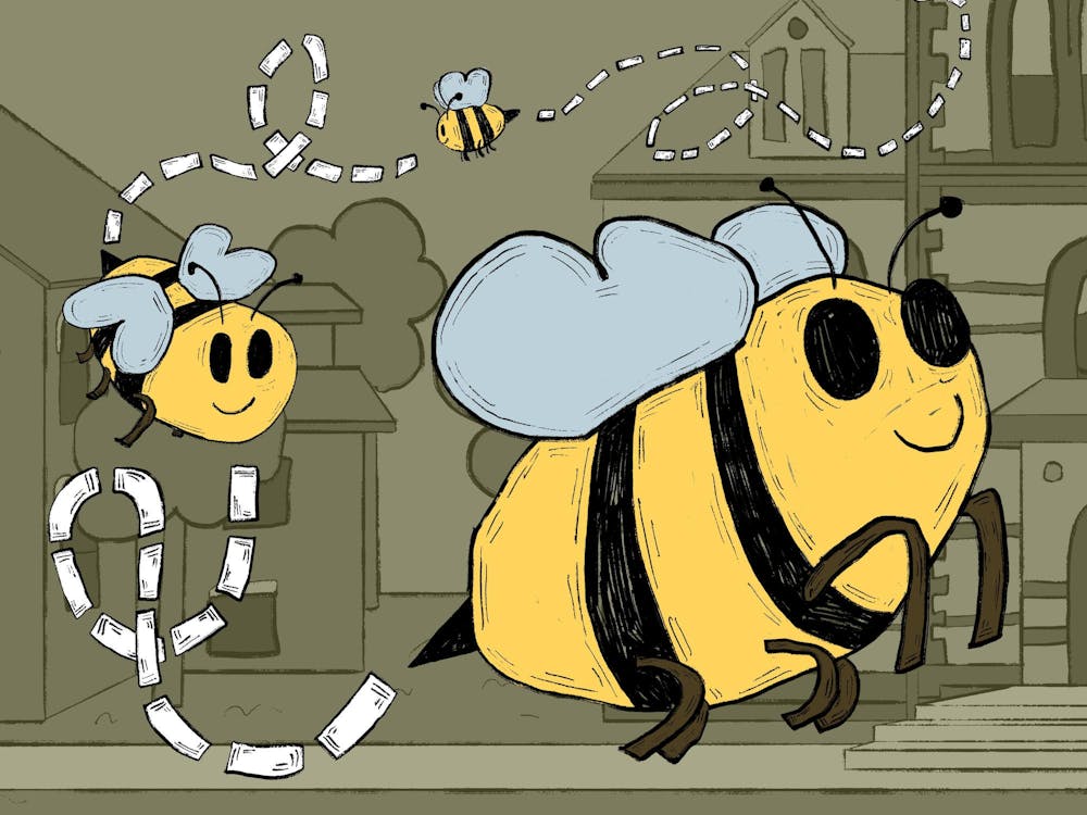 An illustration of three cartoon bees flying in front of buildings on the Main Green. 