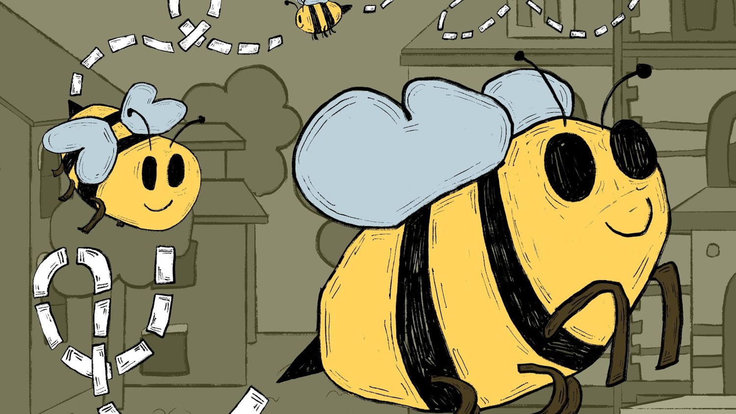 An illustration of three cartoon bees flying in front of buildings on the Main Green.