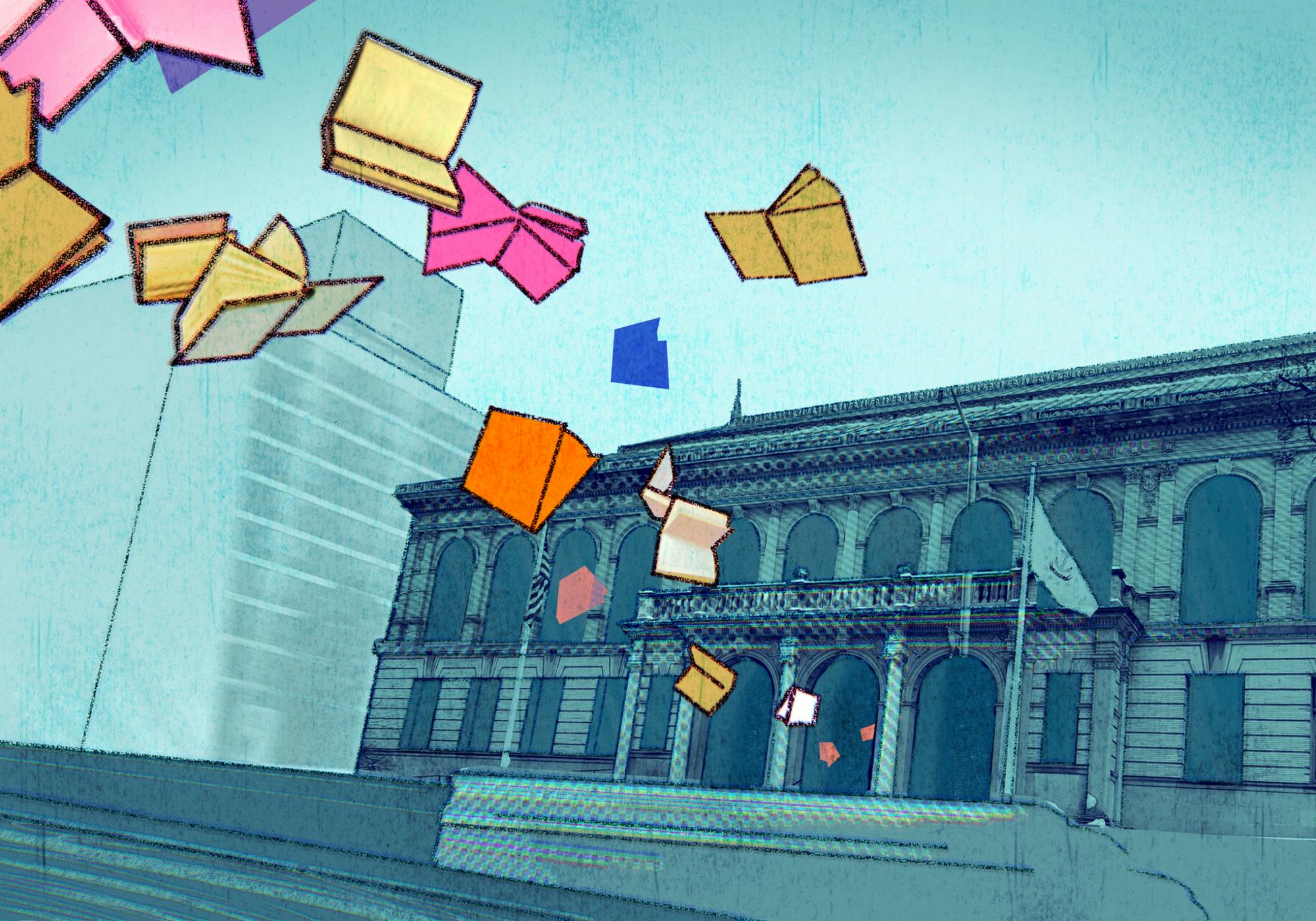 Library with books flying out of it with a light blue background.