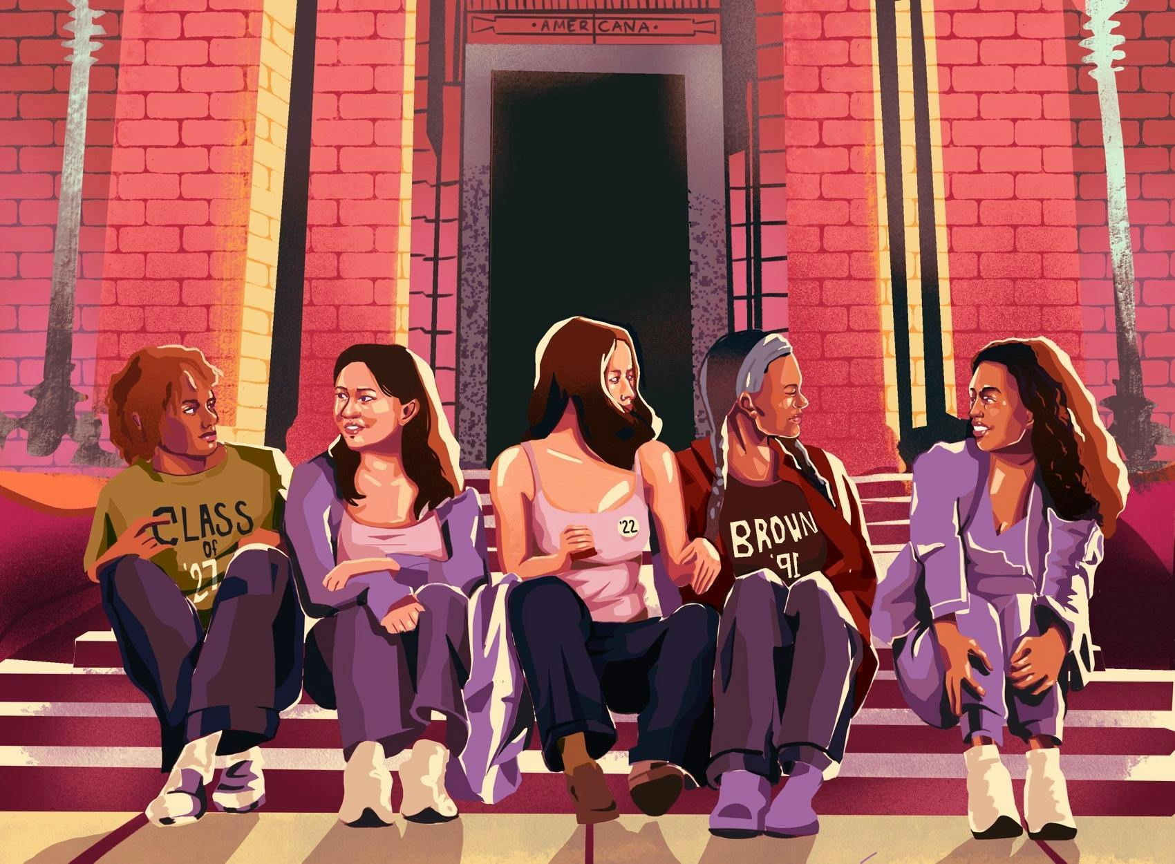 An illustration of five women of varying ages sitting on the steps of a building. 
