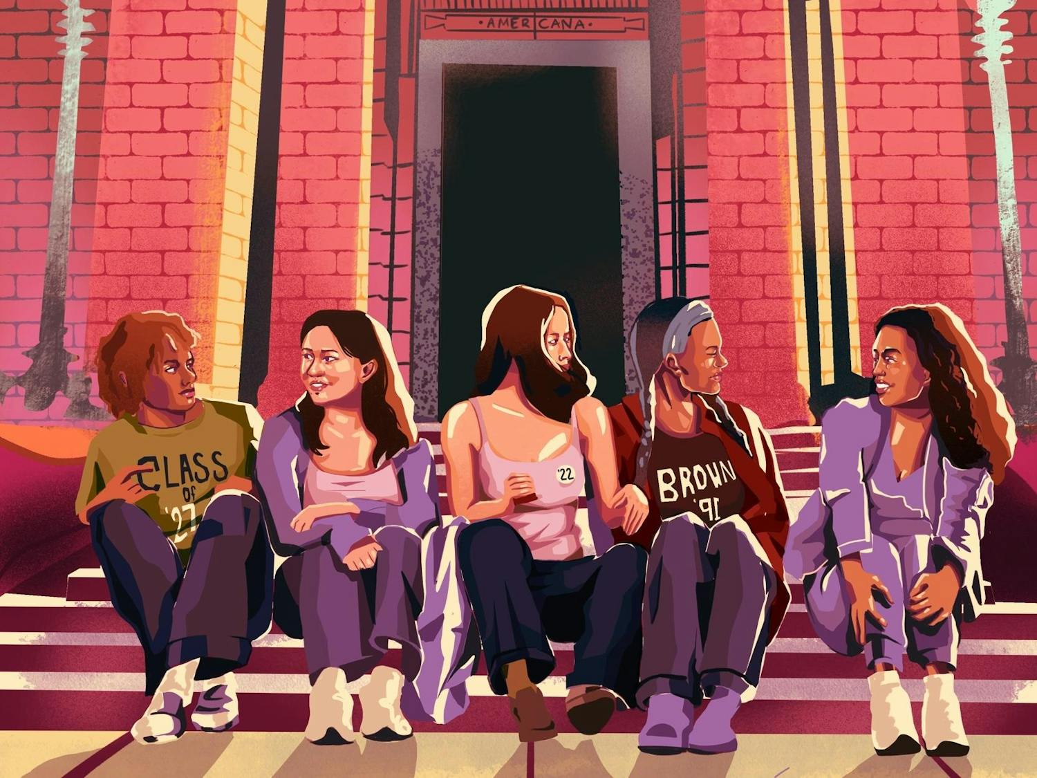 An illustration of five women of varying ages sitting on the steps of a building.