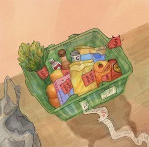 Illustration of a basket of groceries, with each item labeled with large dollars denoting the item price. On the side of the basket is also a long receipt with a mischievous smiley face and a line graph ticking upwards.