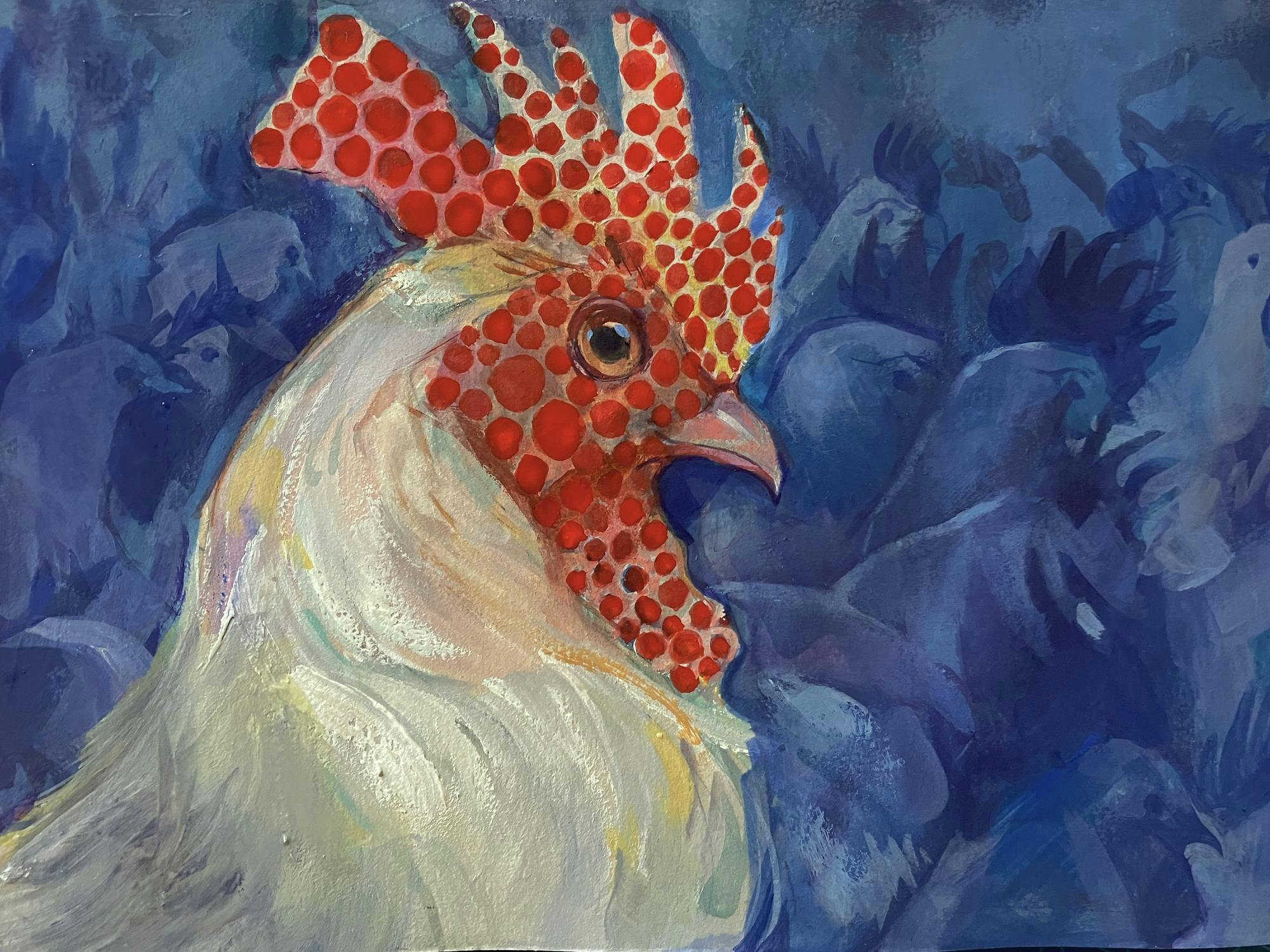 Painting of the side profile of a white and red rooster, over a background of faint blue roosters. 
