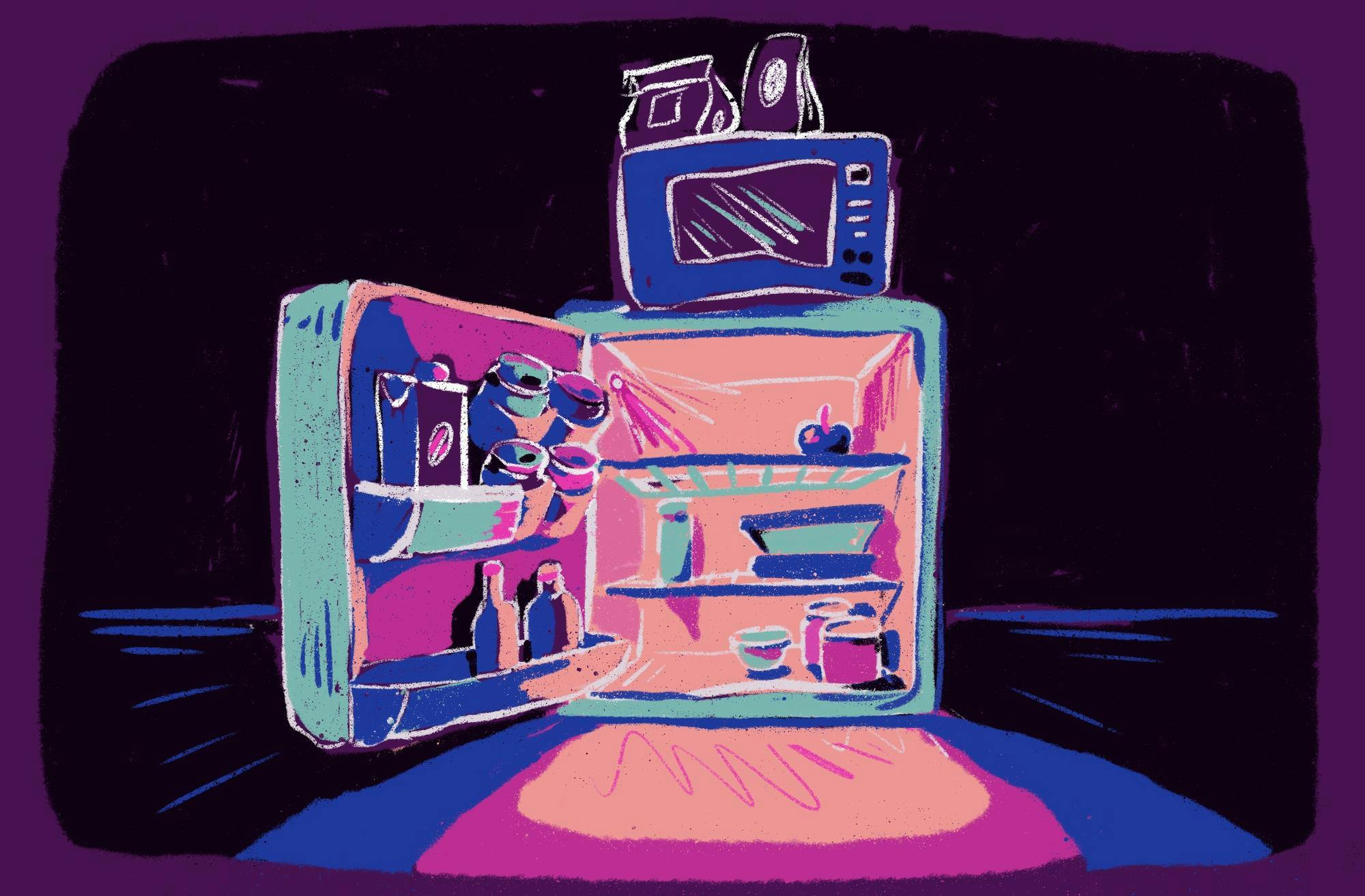 An illustration shows an open minifridge glowing in the dark, with food and drink inside and a microwave on top.

