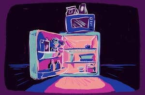 An illustration shows an open minifridge glowing in the dark, with food and drink inside and a microwave on top.

