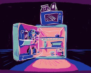 An illustration shows an open minifridge glowing in the dark, with food and drink inside and a microwave on top.