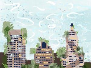 An illustration of high-rise buildings with green surroundings.