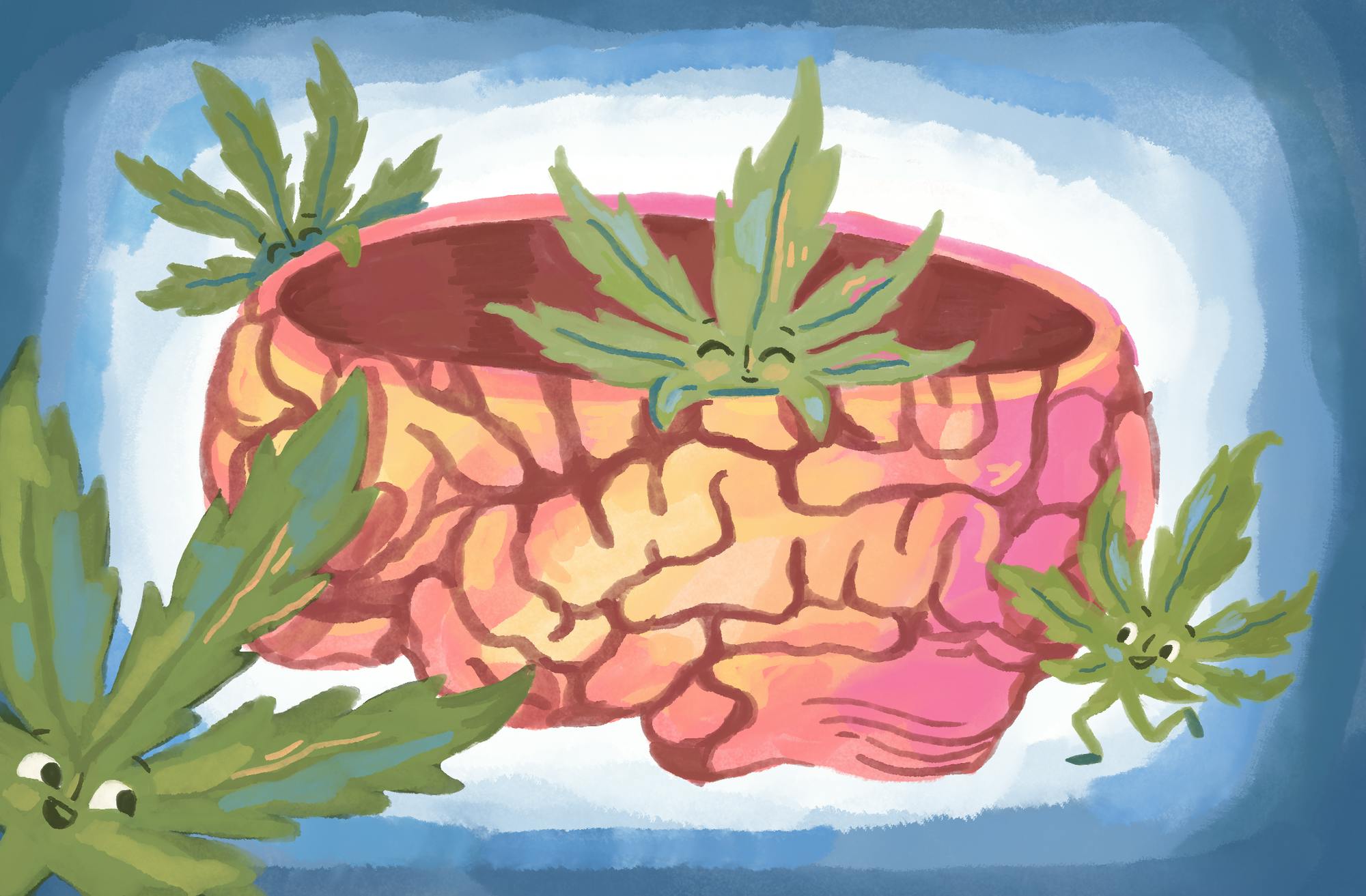 An illustration of a brain with smiling weed leaves surrounding it.