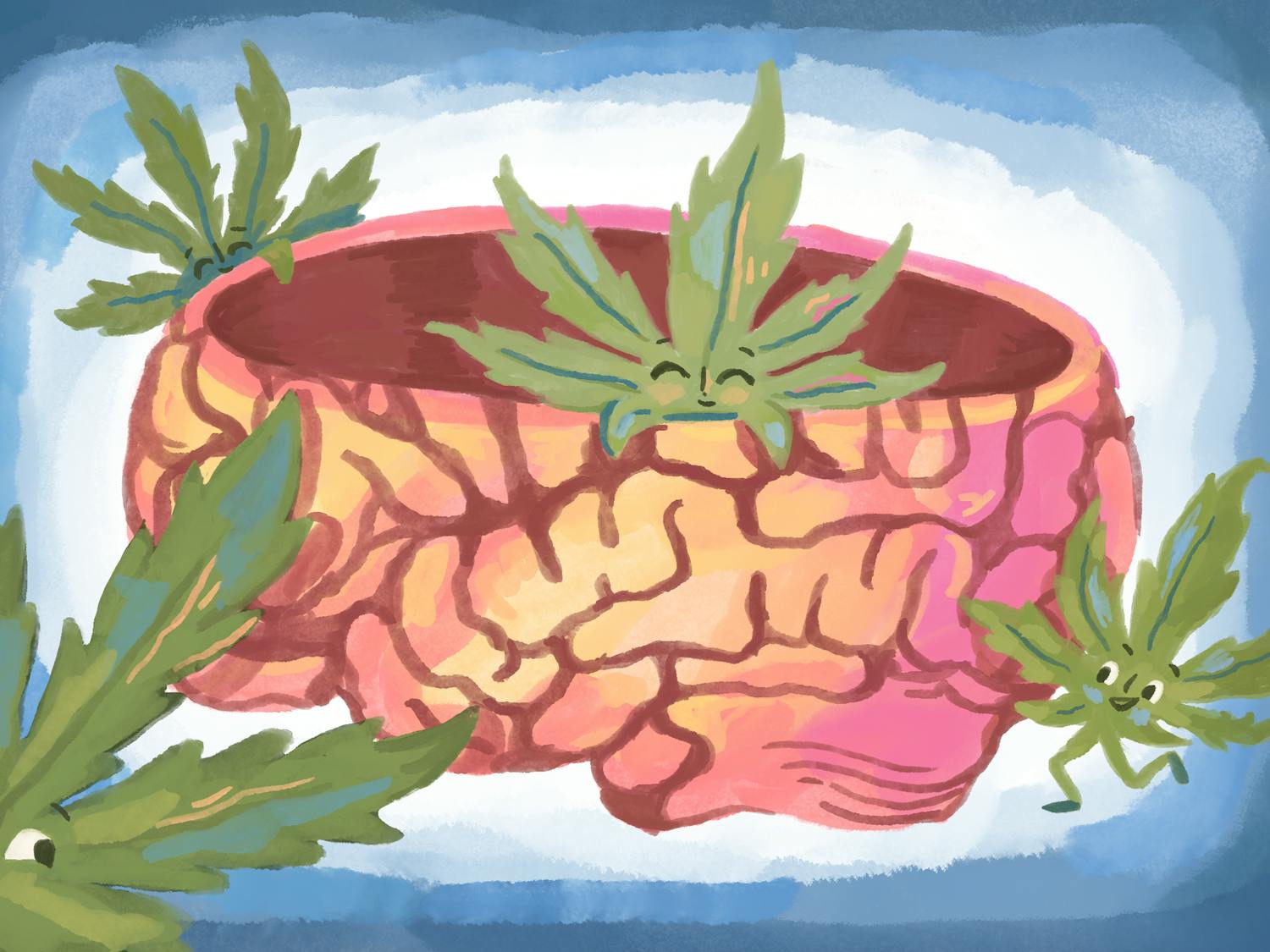 An illustration of a brain with smiling weed leaves surrounding it.