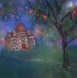 Illustration of a dark blue sky with a triangular building in the background and a tree with the letters “A,” “D,” “O,” “C” and “H” on alternating red and brown and red pennants. A path leads from the tree to the building and the moon peeks through the tree’s branches. More bare trees flank the building.