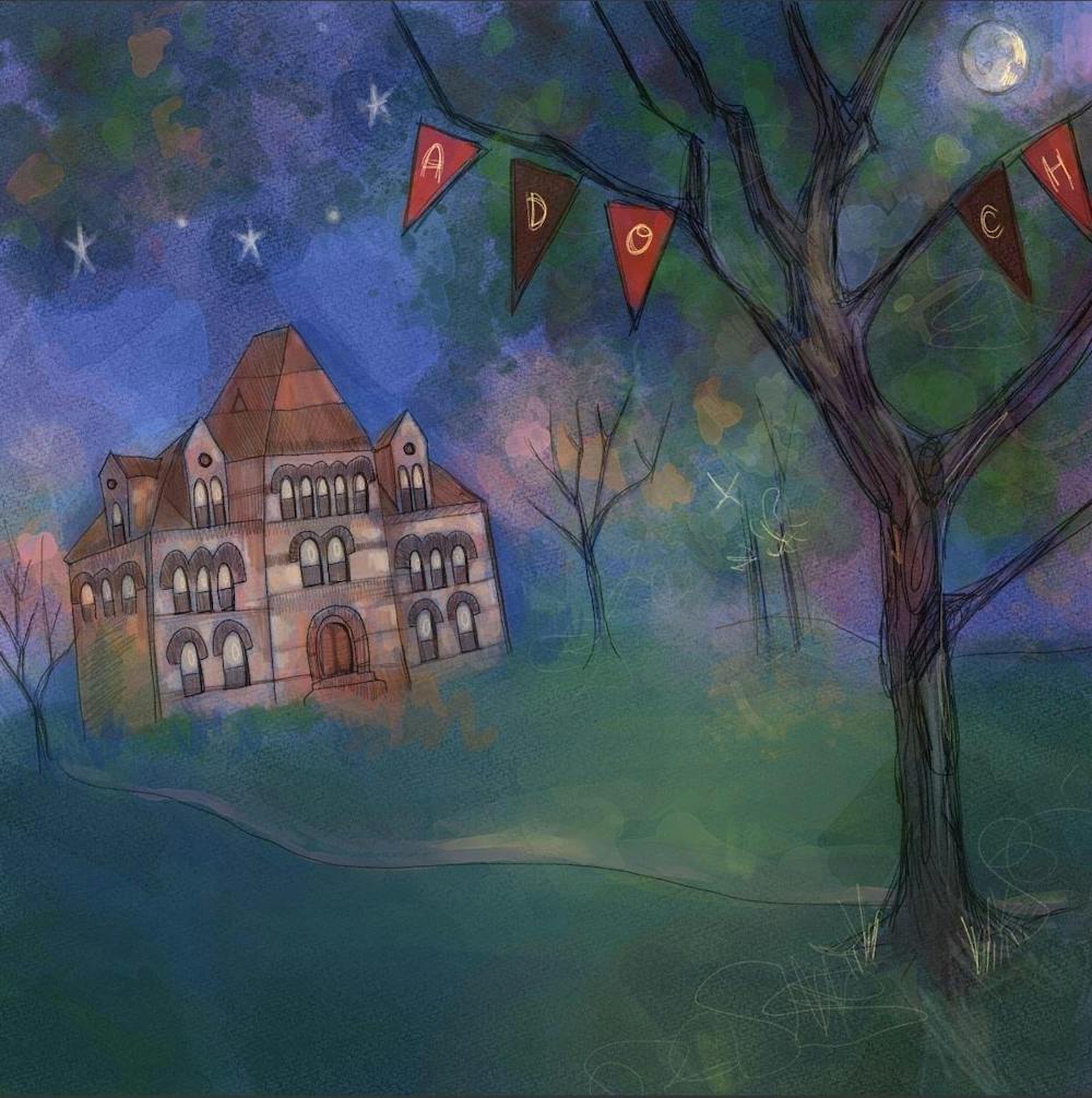 Illustration of a dark blue sky with a triangular building in the background and a tree with the letters “A,” “D,” “O,” “C” and “H” on alternating red and brown and red pennants. A path leads from the tree to the building and the moon peeks through the tree’s branches. More bare trees flank the building.