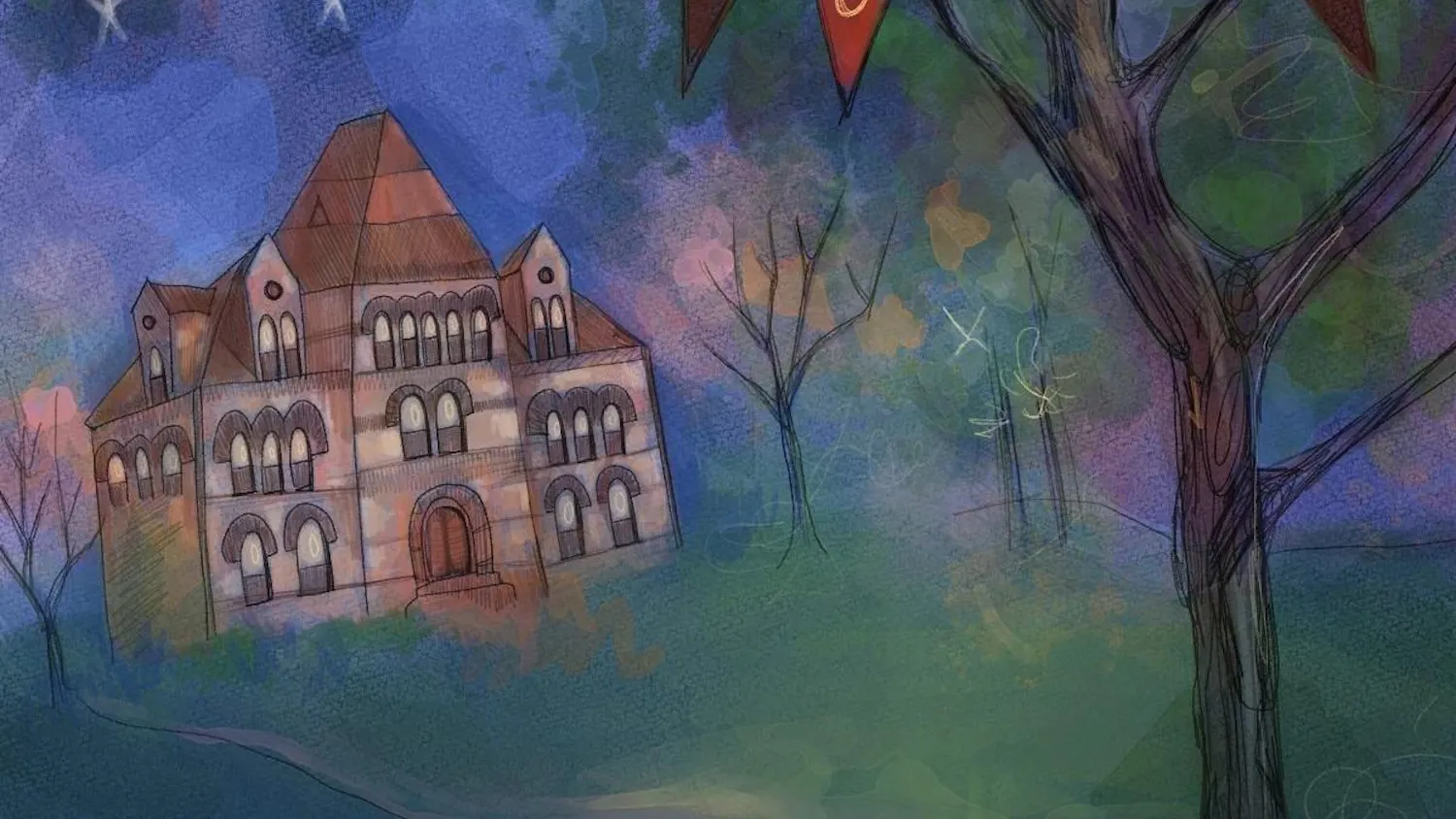 Illustration of a dark blue sky with a triangular building in the background and a tree with the letters “A,” “D,” “O,” “C” and “H” on alternating red and brown and red pennants. A path leads from the tree to the building and the moon peeks through the tree’s branches. More bare trees flank the building.